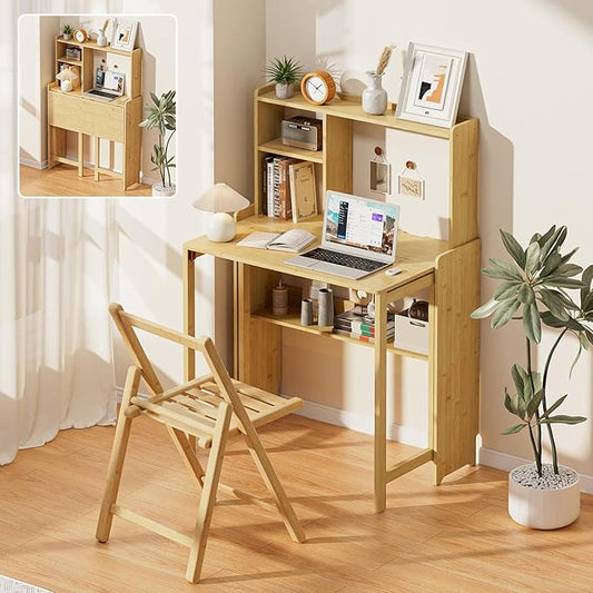 Bamboo Folding Desk with Bookshelf, Compact Computer Desk with Hutch for Small Spaces, Foldable Desk with Storage Shelf, Space-Saving Home Office Desk for Bedroom, Dorm, Apartment,Natural