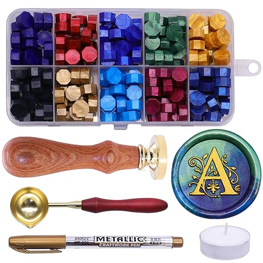 SWANGSA Initial Alphabet A Wax Seal Stamp Kit, Classic Retro Letter Sealing Stamp with 200pcs Sealing Wax Beads Kit for Wedding Invitations Cards Envelopes (A)