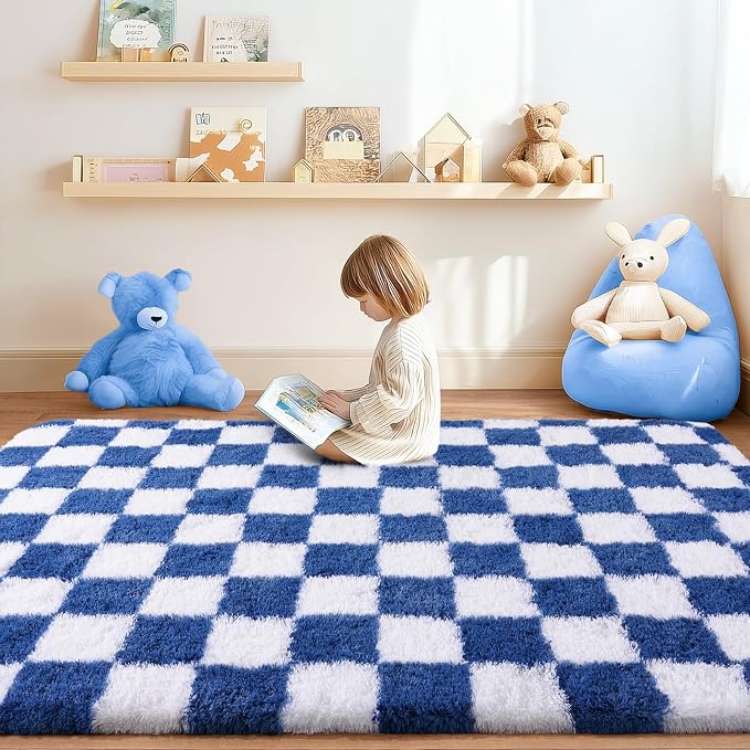 Checkered Rug 4x6 for Bedroom, Ultra Fluffy Shag Area Rugs for Living Room, Upgrade Anti-Skid High Pile Soft Rug Fuzzy Carpet for Living Room Bedroom Kids Room Nursery, Dorm Home Decor, Navy and White