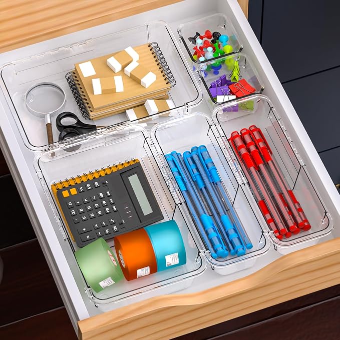14 Pcs Clear Drawer Organizer, Adjustable Drawer Storage Box, 3-Size Desk Drawer Organizer, Acrylic Storage Bins for Makeup, Cosmetic, Kitchen Utensils, Bedroom Dressers Tool Organizer for Gadgets