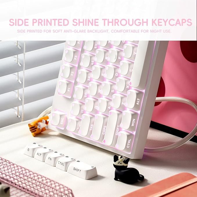 OHY XVX Lumicat Mao Profile Side-Printed Shine-Through PBT Keycaps, 113 Keys Double-Shot Dye-Sublimation Creamy White Keycap Set, Compatible with MX Switches Mechanical Keyboard