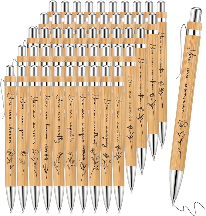 Watersay 30 Pcs Inspirational Bamboo Pens Bulk Flower Ballpoint Pens with Black Ink Employee Appreciation Thank You Gift for Women Men Easter Coworker Staff Social Worker Volunteer Teacher Nurse