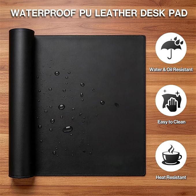 POCHAR Vegan Leather Desk Mat 31" x 16" - Desk Pad Protector for Desktop | Non-Slip PU Leather Dual-Sided Office Desk Blotter for Laptop Mouse Keyboard - Waterproof Writing Signing Pad, Black