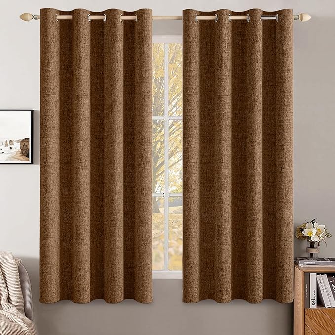 MIULEE Linen Curtains for Bedroom 100% Blackout Thermal Insulated Brown Grommet Room Darkening Curtains & Drapes Fall Decor for Living Room 52 x 45 Inch (2 Panels)