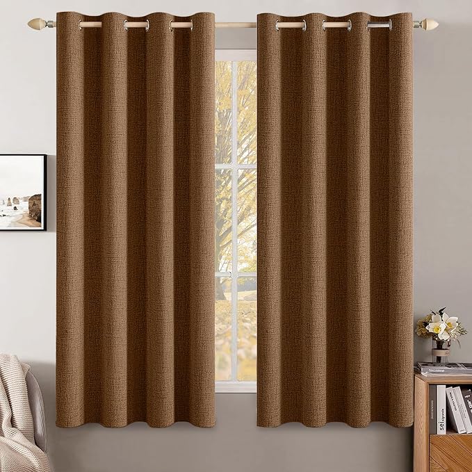MIULEE Linen Curtains for Bedroom 100% Blackout Thermal Insulated Brown Grommet Room Darkening Curtains & Drapes Fall Decor for Living Room 52 x 54 Inch (2 Panels)