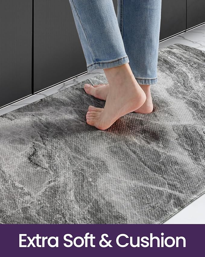 DEXI Kitchen Floor Mats Cushioned Anti Fatigue, 23x59 Large Wide Standing Comfort Runner Rug Waterproof, Marble Memory Foam Padded for Front Sink Laundry, Dark Grey