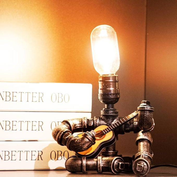 Music Guitar Table Lamp,Steampunk Table Lamp,Retro Guitars Steampunk lamp, Industrial Metal Tube Robot Lamp Cool Guitar Stuff Present for Men Music Lovers