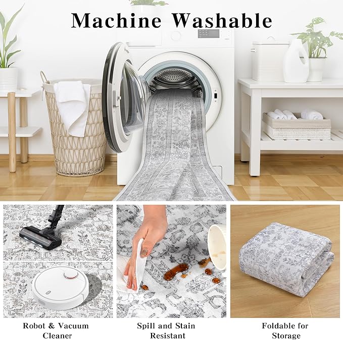 5x7 Gray Washable Area Rugs for Living Room Non Slip Low Pile Vintage Boho Throw Rug Soft Retro Distressed Floral Carpet Indoor Farmhouse Decor for Bedroom Dining Room Office Kitchen Playroom