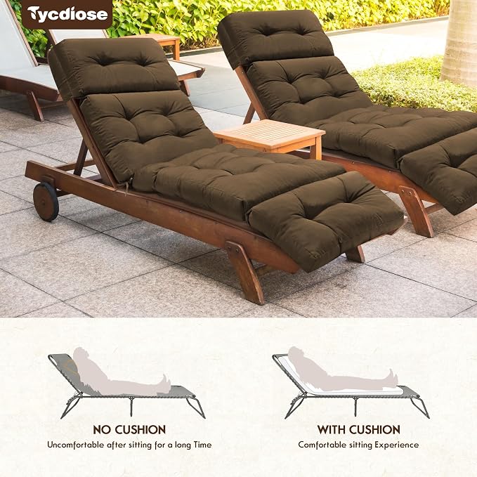 Waterproof Outdoor Chaise Lounge Chair Cushion 74.4 x 22 x 4.7 Inches Memory Foam Lounge Chair Cushions for Outdoor Furniture with Ties, Thickened Pool Chaise Lounge Chair Cushions, Brown