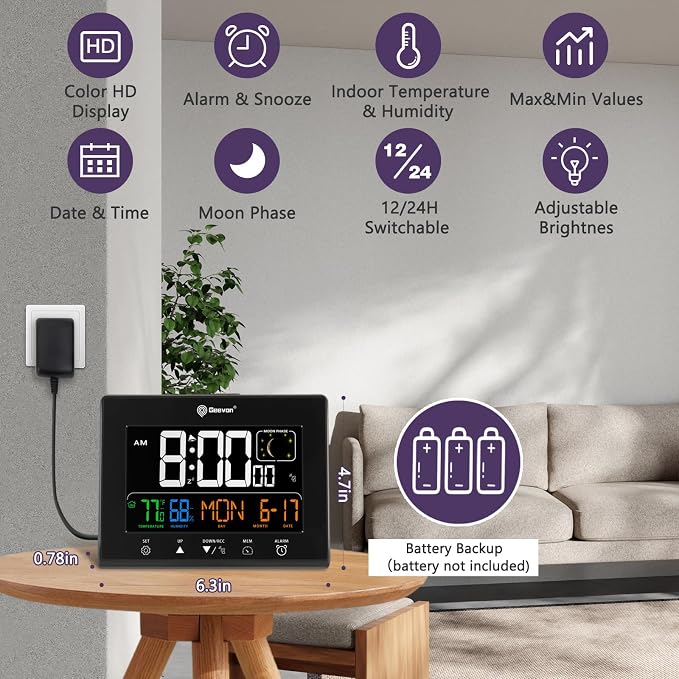 Geevon Digital Atomic Alarm Clocks with 2 USB Ports for Seniors Elderly | Battery Color VA Display Wall Clock with Indoor Temperature and Humidity, DST, Calendar, and Moon Phases for Bedrooms