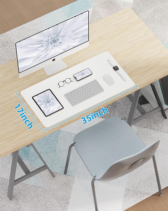 Leather Desk Pad Blotter,Mouse Pad,Office Desk Mat, Non-Slip PU Leather Desk mat,Large Desk mat,Waterproof Keyboard mat for Office/Home/Decor (Ivory White,35" x 17")