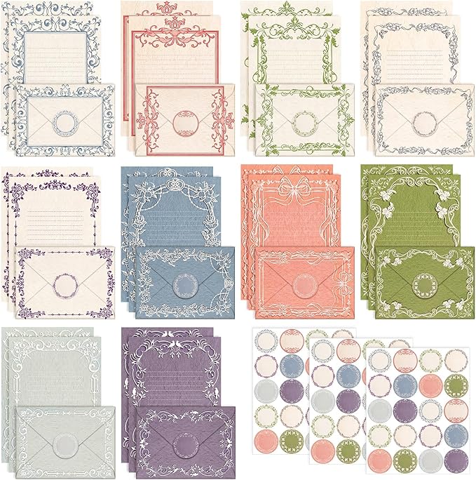 TaoBary 160 Pcs Stationery Paper Set 50 Double Sided Stationery Papers with 50 Matching Envelopes and 60 Round Dot Sticker, 10 design(vintage Lace Frame, 5.5 x 8.25 Inch)
