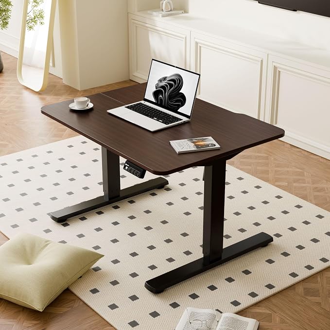 ERGOMAKER Low Height Adjustable Desk with Lockable Wheels, Lifts 18.9"-29.5", 31.5" x 23.6" Electric Small Standing Desk with Splice Board for Home Office & Short People(Black Frame, Walnut Desktop)