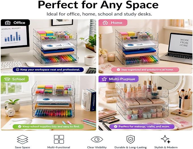 DCA 4 Tier Desk Organizer, Clear Paper Tray with 4 Storage Bins | Stackable Letter Tray | Modular Storage System | Office, Home & School | Large Capacity