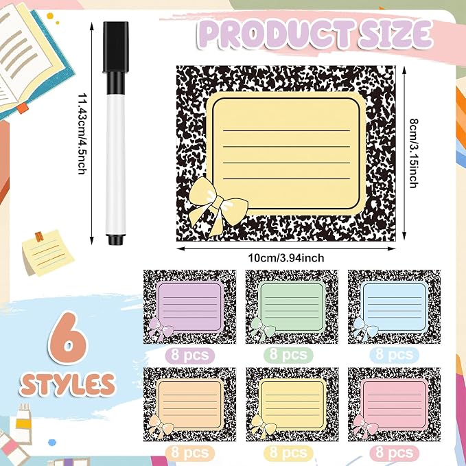 48 Pcs Pastel Composition Dry Erase Magnetic Labels with a Pen Colorful Bow Student Name Tags Magnetic Locker Name Plates Stickers for Classroom Desks School Whiteboards