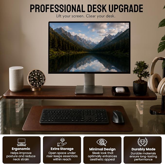 Bamboo Monitor Riser, Wide Desktop Monitor Stand for Desk with Clear Acrylic Legs, 31.5 x 8" Bamboo Wood Shelf, Fit Keyboard, Home Office Workspace Accessories,Study Stationaries Storage (Dark Brown)