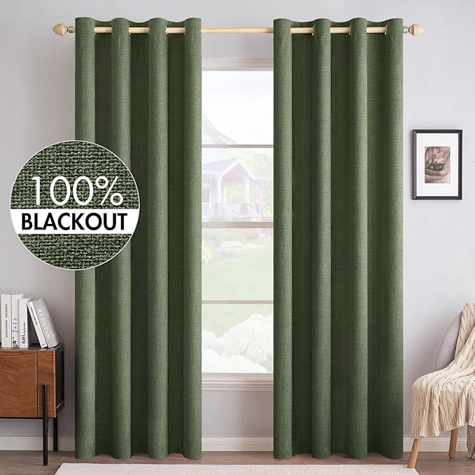 MIULEE 100% Blackout Linen Textured Curtains for Bedroom Solid Thermal Insulated Olive Green Grommet Room Darkening Curtains & Drapes Luxury Decor for Living Room 52 x 84 Inch (2 Panels)