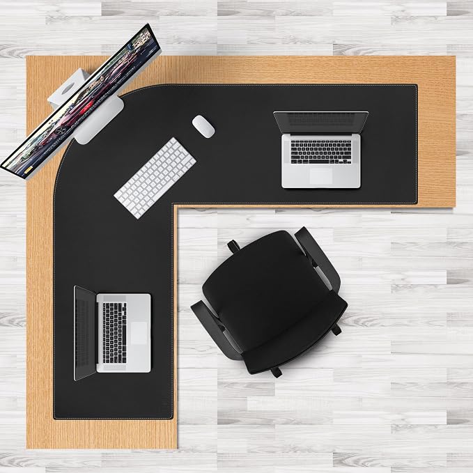Cacoy 59" x 63" L Shaped Computer Desk Pad, PU Leather Desk Mat Protector, Waterproof Office Desk Pad Blotter, Extended Corner Desk Mouse Pad for Home and Office, Black