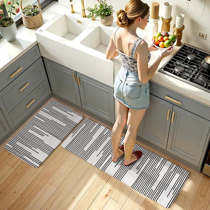 KIMODE Anti Fatigue Mats for Kitchen Floor,Farmhouse Kitchen Rugs Sets of 2 | 17"x47"+17"x29" Cushioned Kitchen Floor Mat Non Skid,Memory Foam Kitchen Mat for Laundry Office Sink Desk Black Lines Decor