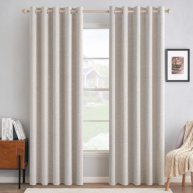 MIULEE 100% Blackout Linen Textured Curtains for Bedroom Solid Thermal Insulated Ivory Grommet Room Darkening Curtains & Drapes Luxury Decor for Living Room 62 x 84 Inch (2 Panels)