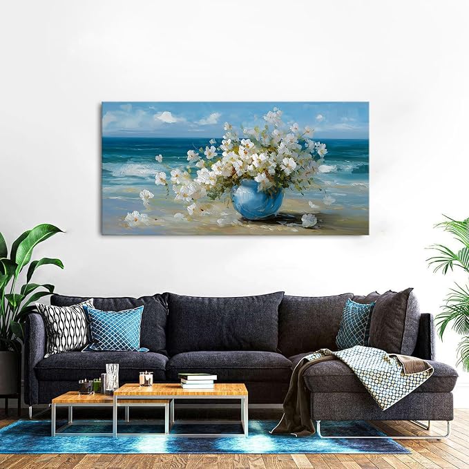 AIYISU Vintage Flowers Canvas Wall Art White Blossom Painting Retro Flowers in Blue Vase Pictures Blue Ocean Coastal Landscape Prints Poster Floral Artwork for Bathroom Bedroom Home Decoration 30x60
