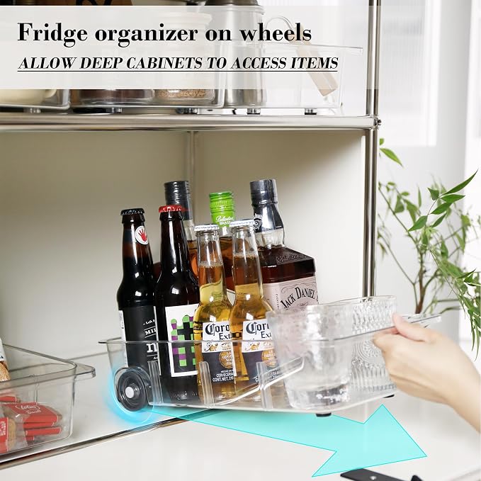 Fridge Organizer and Storage Drawer Roll Out Refrigerator Bins,2 Pack | Silicone Wheels,3 Pack Adjustable Dividers ,Easy to Clean for Pantry Storage Bins, Kitchen Organization