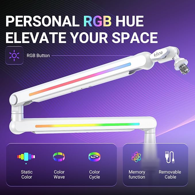 FIFINE RGB Microphone Boom Arm, Low Profile Rotatable Desk Mount Microphone Stand with Cable Management for Podcast, Streaming, Gaming, Studio-BM88ProW