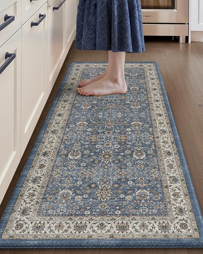 Color&Geometry Kitchen Floor Mat 24x59 Faded Vintage Anti Fatigue, Blue | 0.4in Cushion Standing Mat For Cooking/Working/Laundry, Boho Decor, Non Slip PVC Kitchen Rug, Oil/Water Proof, Anti Slip