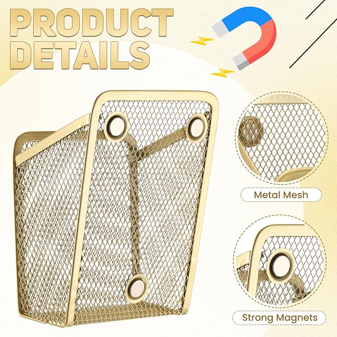 Fuutreo 2 Pcs Large Magnetic Pencil Holder Mesh Stainless Steel Pen Basket Magnetic Pen Cups Storage Organizer for Fridge Whiteboard Blackboard Kitchen Refrigerator Locker Home Office School(Gold)