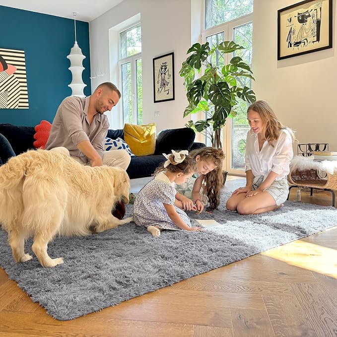 OLANLY 8x8 Machine Washable Large Area Rugs for Living Room, Bedroom, Soft Fluffy Shaggy Bedside Rug, Indoor Floor Carpet for Kids Girls and Boys, Dorms, Nursery, Home Decor Aesthetic, Light Grey