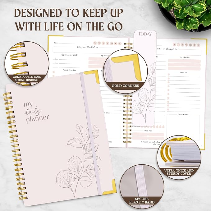 Decorably 120 Pages My to Do Planner Undated Notebook with Gold Corners, 6.4x8.5in Aesthetic Spring-Bound with Simplified Sections & Inspirational Quotes, Checklist, Contacts - Home, School, Office