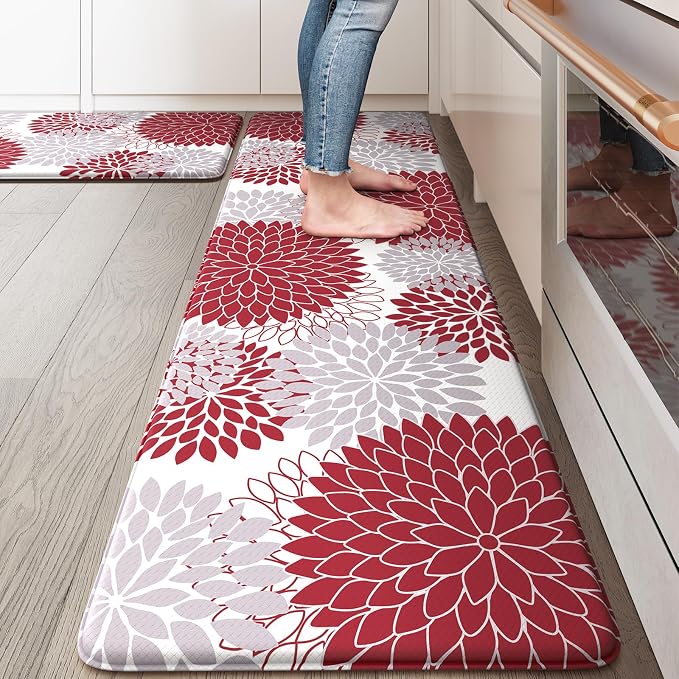 KIMODE Kitchen Rugs and Mats Cushioned Anti Fatigue 2PCS Standing Mat | 17"x59"+17"x29",Floral,Red,Non-slip,Waterproof,Kitchen Runner Rug,Comfort Foam Paded Mat for Floors Office Laundry Sink