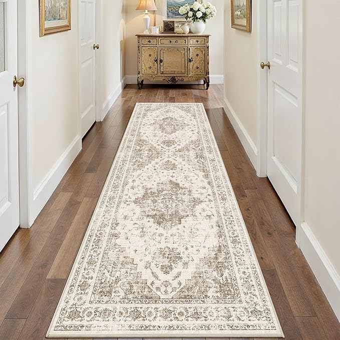 2.6x8 Taupe Vintage Runner Rug Hallway Washable Area Rugs Non Slip Boho Medallion Long Rug Distressed Retro Carpet Floral Soft Low Pile Indoor Throw Rug for Kitchen Bedroom Bathroom Dining Room Office