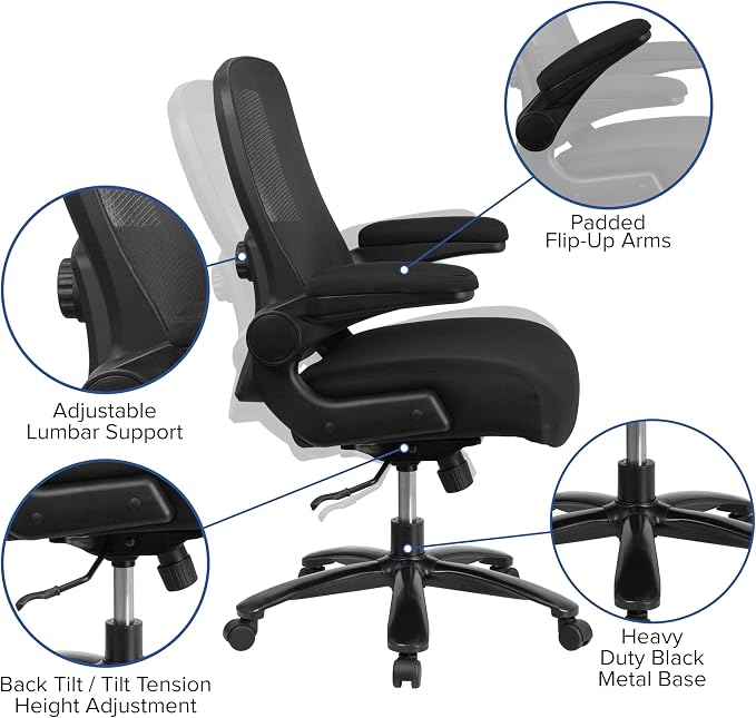 Flash Furniture Big & Tall Mesh Swivel Office Chair, Black | Mesh Back, Lumbar and Back Support, Flip-Up Arms