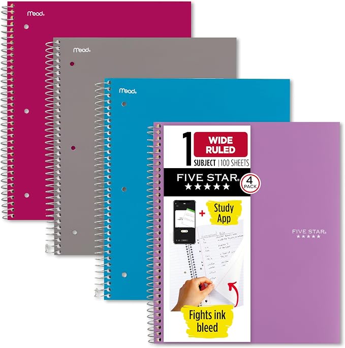 Five Star Spiral Notebook + Study App, 4 Pack, 1 Subject, Wide Ruled Paper, 8" x 10-1/2", 100 Sheets, Fights Ink Bleed, Water Resistant Cover, Purple, Pink, Gray and Blue (930105-ECM)