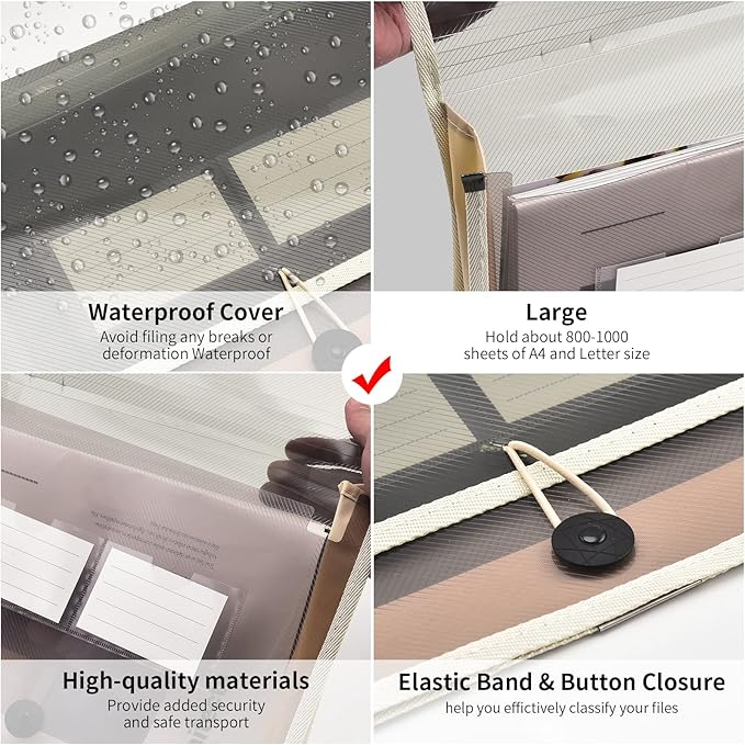 Expanding File Folder Document Organizer with Elastic Cord & Button Closure, Letter Size, 2.8" Expansion, Letter A4 Expandable File Folder for Home School Office Organization, 5 Pack