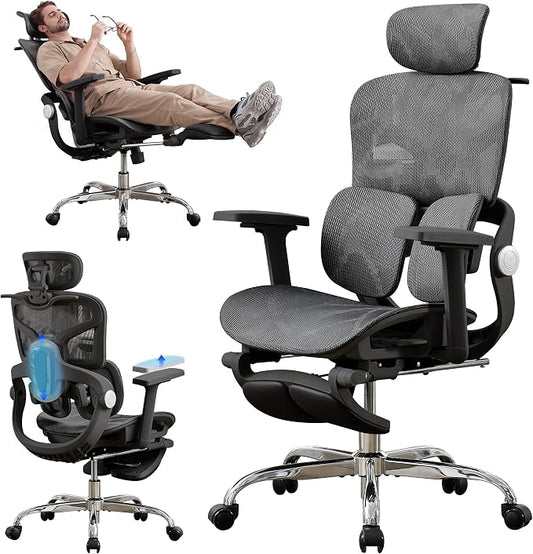Ergonomic Mesh Office Chair with 2-Zone Lumbar Support and Footrest,Black | Big and Tall, 400LBS, Adjustable Seat Depth, 4D Headrest, 4D Armrests Swivel Executive Chair for Home Office