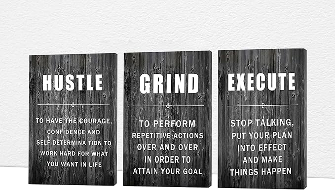 Office Wall Art - 3 Panel Motivational Wall Art, Inspirational Quotes Canvas Art for Home Office Wall Decor, Positive Quotes Wall Decor, Entrepreneur Grind Hustle Execution Poster Frame (24”x36”x3Pcs)