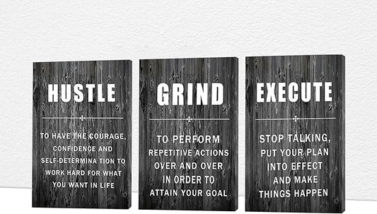 Office Wall Art - 3 Panel Motivational Wall Art, Inspirational Quotes Canvas Art for Home Office Wall Decor, Positive Quotes Wall Decor, Entrepreneur Grind Hustle Execution Poster Frame (16”x24”x3Pcs)