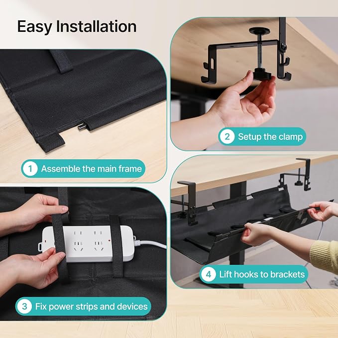 No Drill Under Desk Cable Management Tray, 31.5" Fabric Organizer | Clamp/Screw Premium Mount Cord Holder, for Power Strips, Adapters, with 2 Hooks & 1 Tie Roll for Home Office Gaming, Black