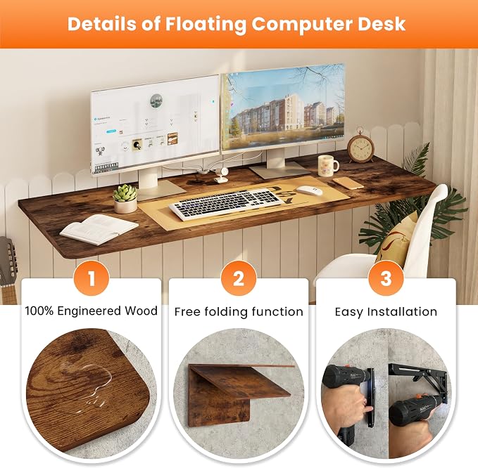 IAE Wall Mounted Floating Foldable Desk, 48" x 22" Folding Computer Workstation Table with Engineered Wood and Metal Shelf Brackets,Fold&Floating Design for Home Office, Apartment,Laundry Room,Rustic