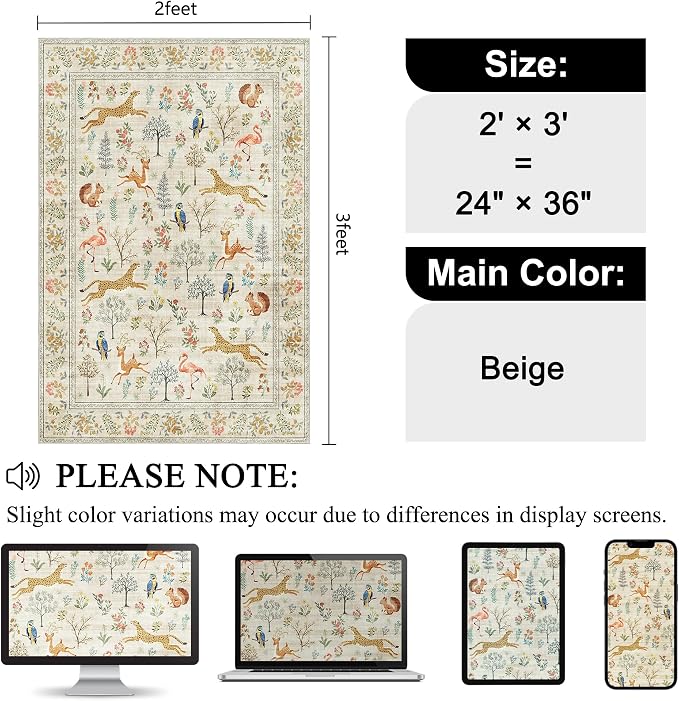 DUKINO 2x3 Rug, Washable Animal Rugs for Entryway, Non Slip Indoor Door Mat, Soft Low Pile Small Area Carpet for Entrance, Bedroom, Kitchen, Laundry, Bathroom, Beige