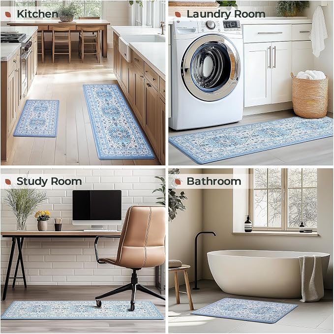 FRESHMINT Medallion Kitchen Mat Set 2 Piece, 17x30''+17x47'', Light Blue | Anti-Fatigue, Non Slip, Comfort, Kitchen Decor, Easy to Clean, Waterproof, Perfect for Kitchen, Laundry, Office