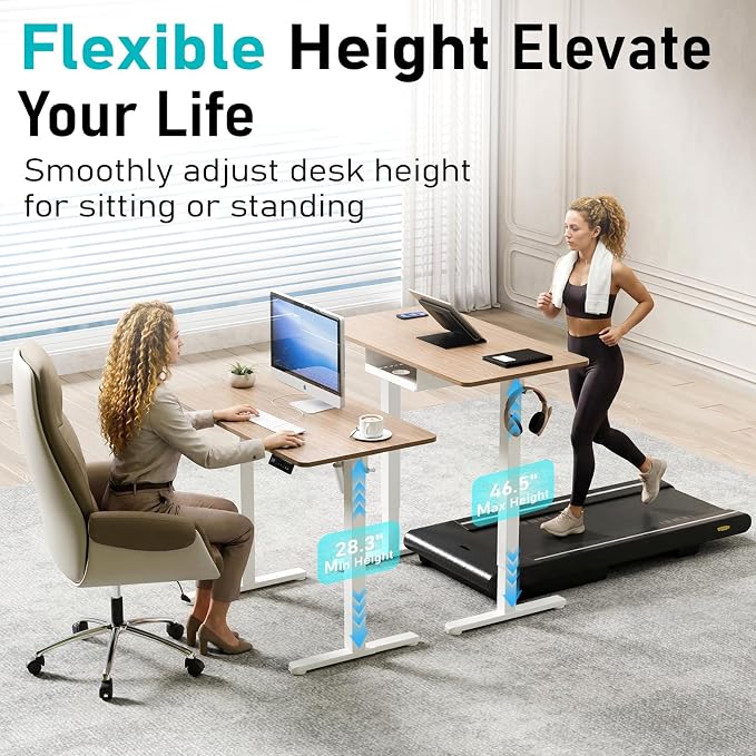35" Electric Standing Desk, Small Sit Stand up Desk, Light Walnut | Height Adjustable Computer Desk for Home Office, Compact Work & Gaming Desk with Cable Management and Stable Steel Frame