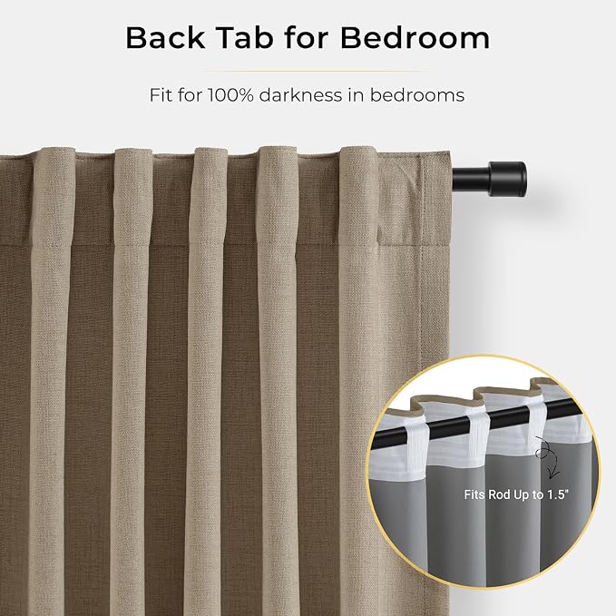 INOVADAY 100% Blackout Curtains for Bedroom, Black Out Curtains 108 Inch Long, Clip Rings Linen Blackout Drapes, Thermal Insulated Room Darkening for Living Room, 2 Panels - Burlywood Birch,W50xL108