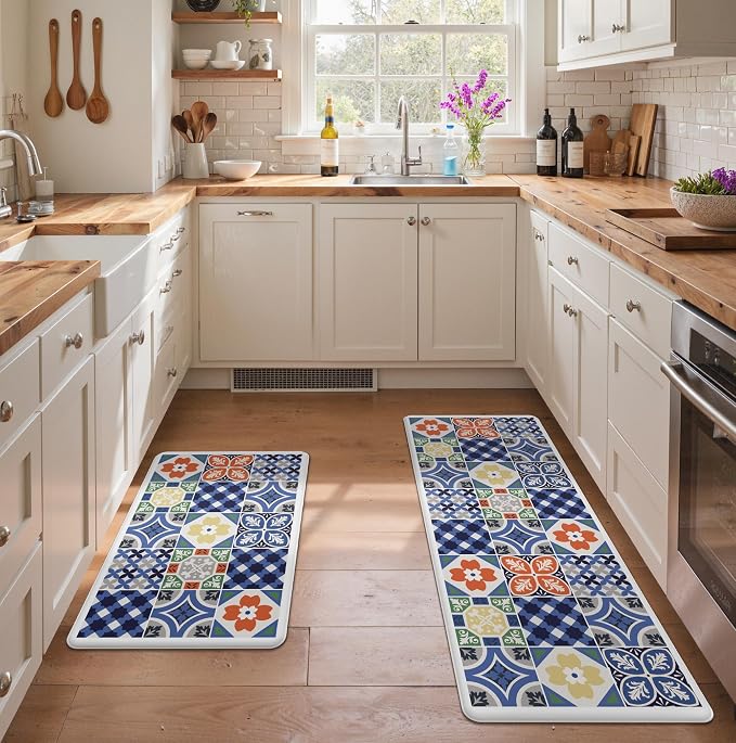 GENIMO Anti Fatigue Kitchen Mats for Floor, Cushioned Non Slip Kitchen Rug, Waterproof Kitchen Floor Mat Runner, Kitchen Mat for Laundry, Sink, Office, Entryway, 17.3"x59"+17.3"x30", Blue
