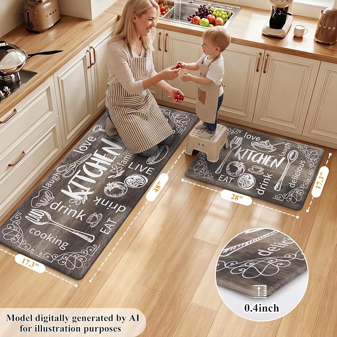 HEBE Anti Fatigue Kitchen Rugs Set of 2, Non Slip Cushioned Kitchen Mats for Floor, Waterproof Farmhouse Comfort Standing Desk Mat for Kitchen Sink,Office,Laundry