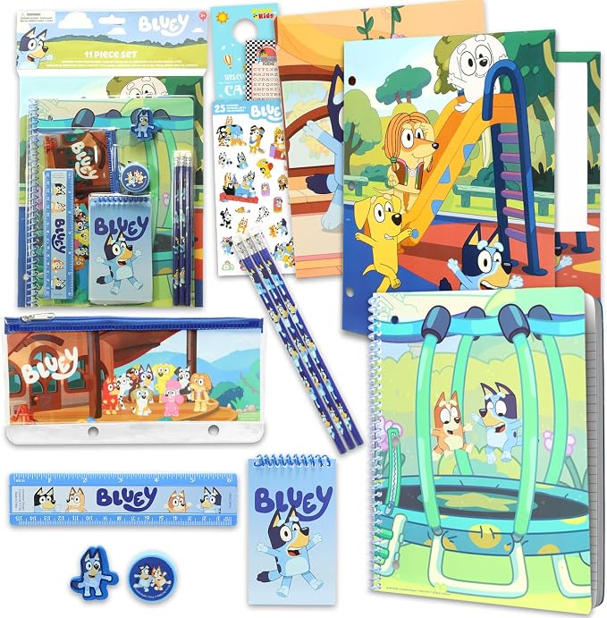 Bluey School Supplies for Kids - 11 Pc Themed School Supplies Bundle Includes Bingo Folders, Notebook, Notepad, Pencils, More Plus Stickers | Bluey Classroom Supplies