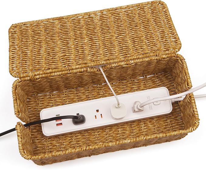 ZhiYo Rattan Cable Management Box, Cord Organizer, Nature, 13.5"x6.2"x6" | Handwoven imitation rattan cord hider box conceals power strips and cables for a clean desk or floor setup