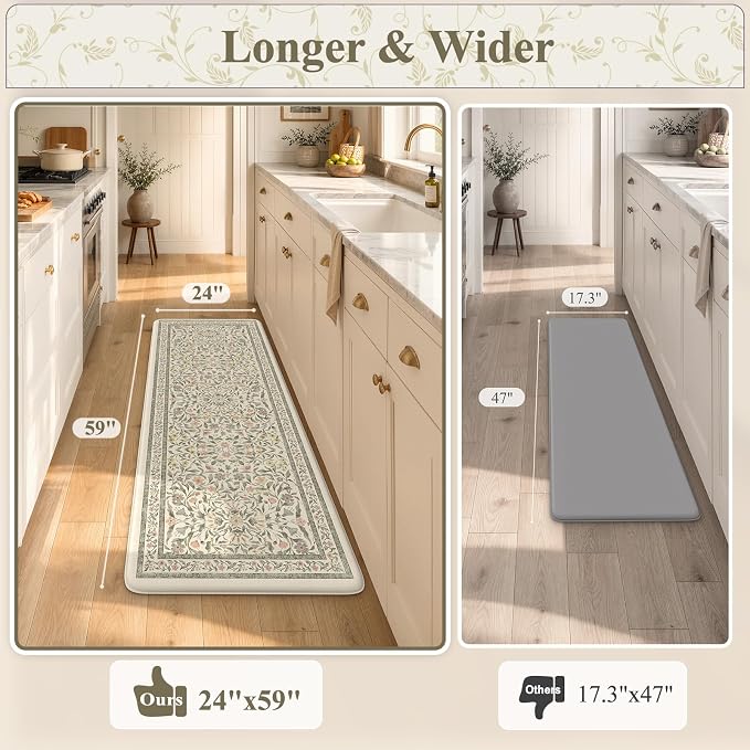 KIMODE Anti Fatigue Kitchen Mats for Floor, Boho Floral Kitchen Runner Rug 24"x59", Paded Kitchen Floor Mats, Waterproof Laundry Room Rug, Bath Mat for Sink Home Decor, Beige Office Standing Desk Mat